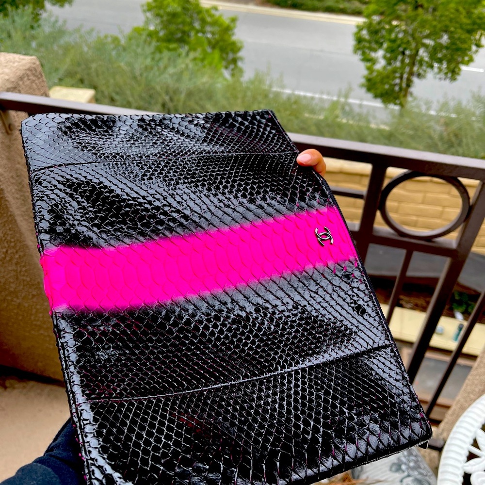 Authentic Chanel O Case w/ Neon Pink Stripe